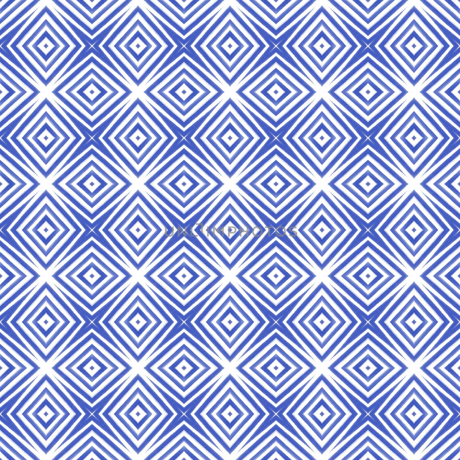 Tiled watercolor pattern. Indigo symmetrical kaleidoscope background. Textile ready terrific print, swimwear fabric, wallpaper, wrapping. Hand painted tiled watercolor seamless.