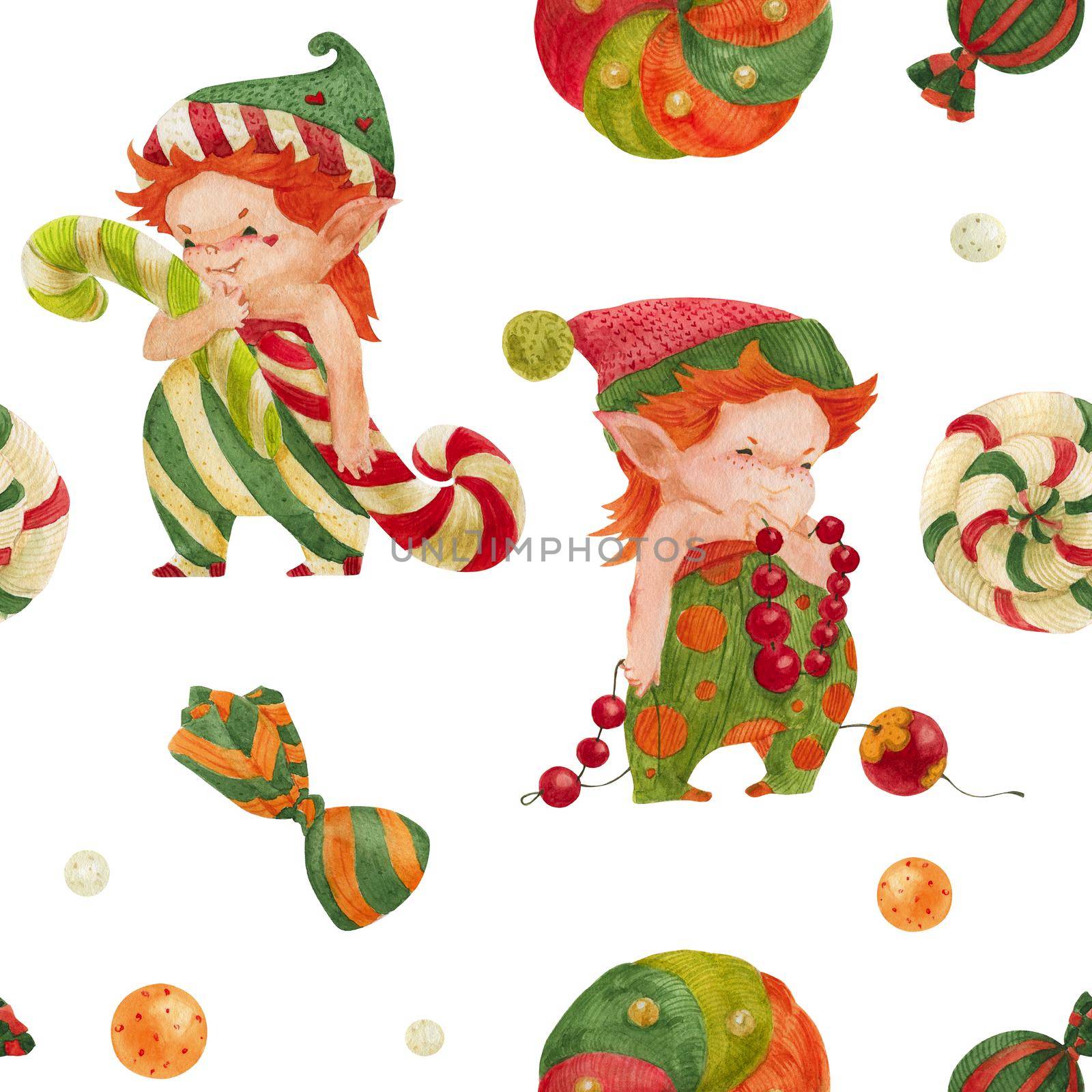 Christmas Elves seamless watercolor pattern with elves and candy canes on a white by Xeniasnowstorm