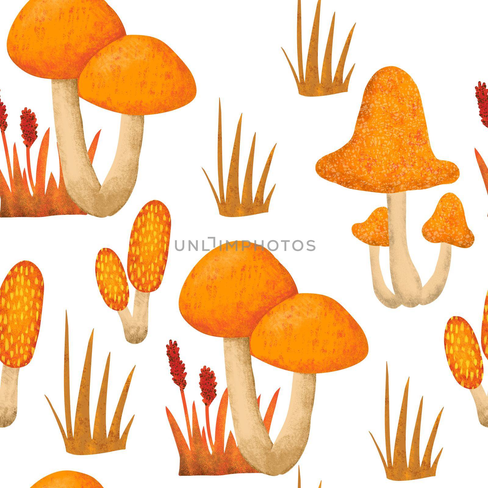 Hand drawn seamless pattern with fall autumn mushrooms fungi, wild nature background. Thanksgiving forest wood woodland fabric print in orange red yellow. For textile wallpaper wrapping paper. by Lagmar