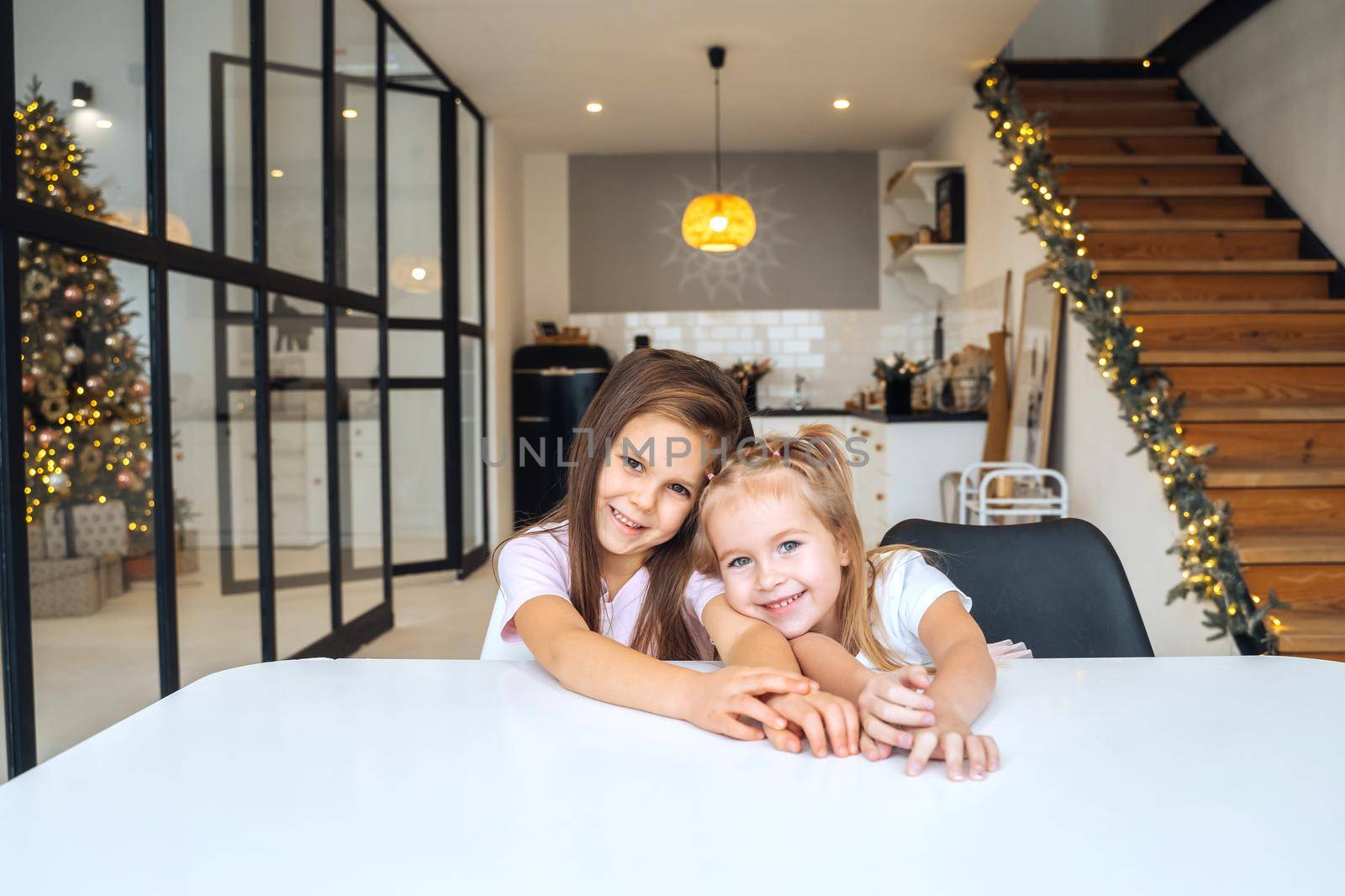 Two little girls at the table looking at the camera