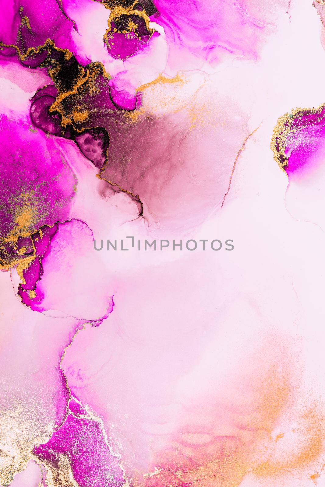 Pink gold abstract background of marble liquid ink art painting on paper . by biancoblue