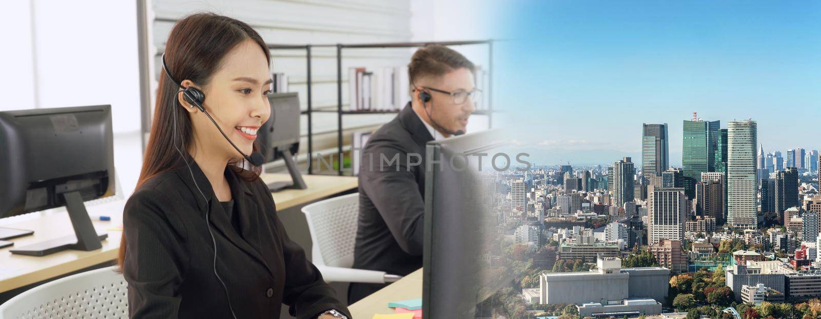 Business people wearing headset working in office to support remote customer or colleague. Call center, telemarketing, customer support agent provide service in broaden view .