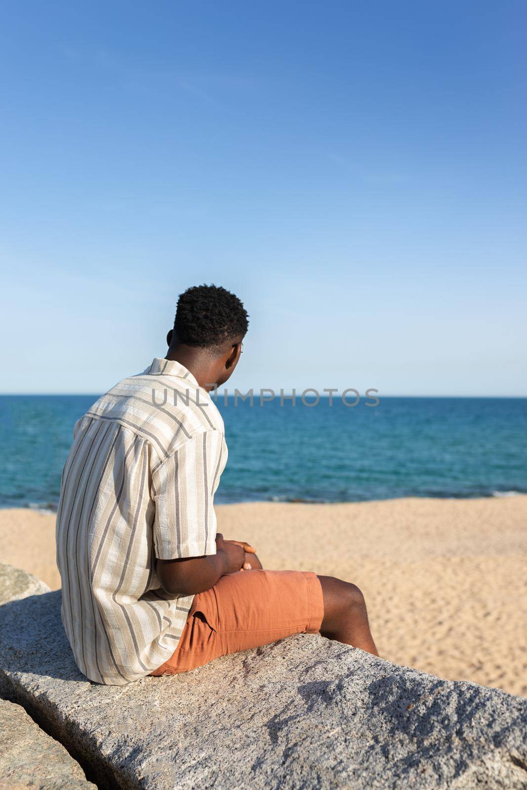 Rear view of African american man relaxing looking at the ocean during his vacation trip. Copy space. Vertical image. by Hoverstock