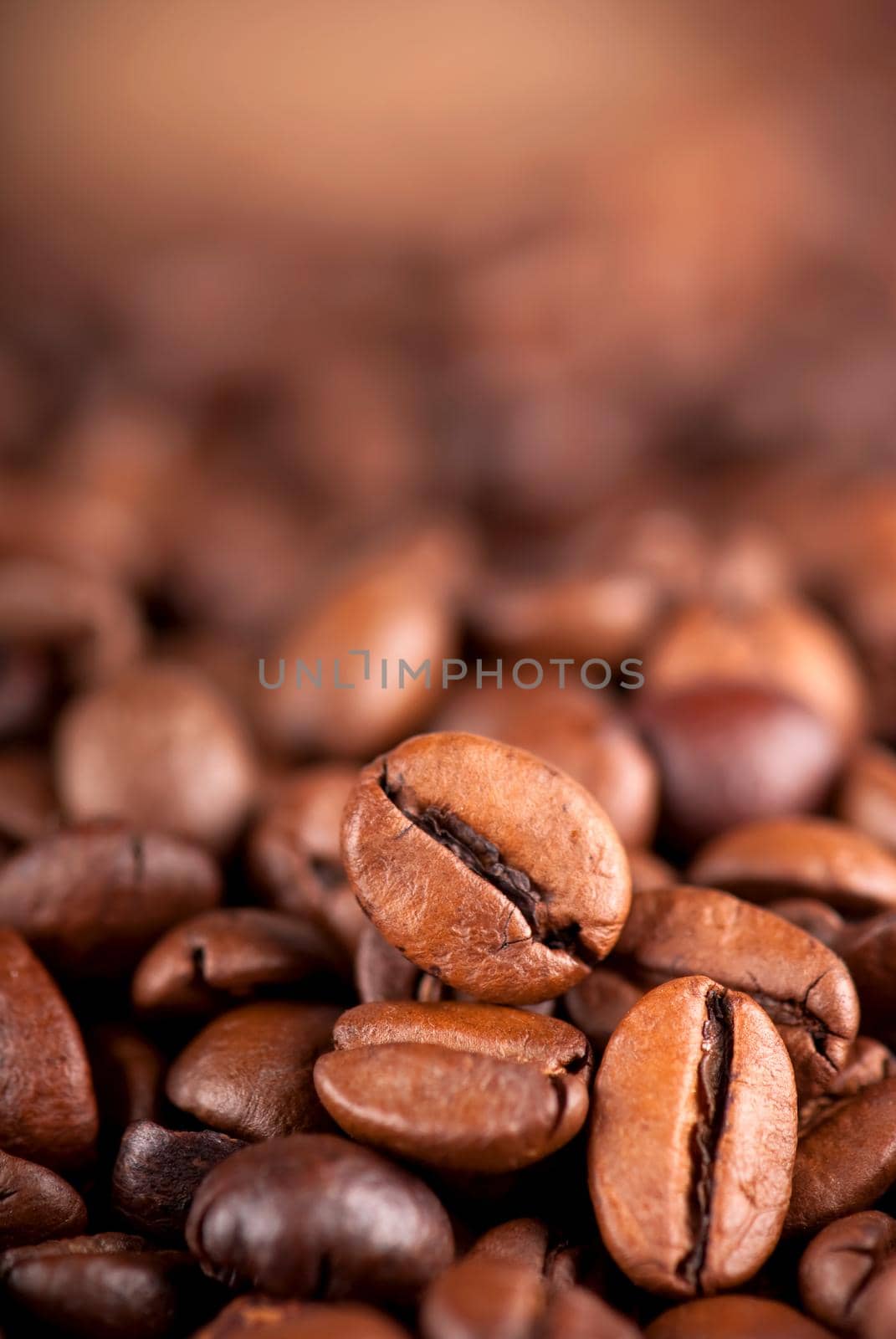 Closeup of coffee beans with focus