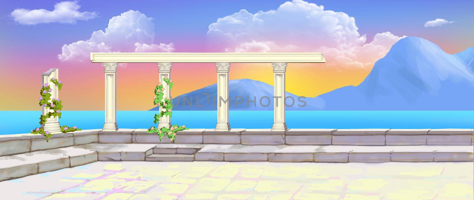 Antique terrace with sea view on a sunny summer day. Digital Painting Background, Illustration.