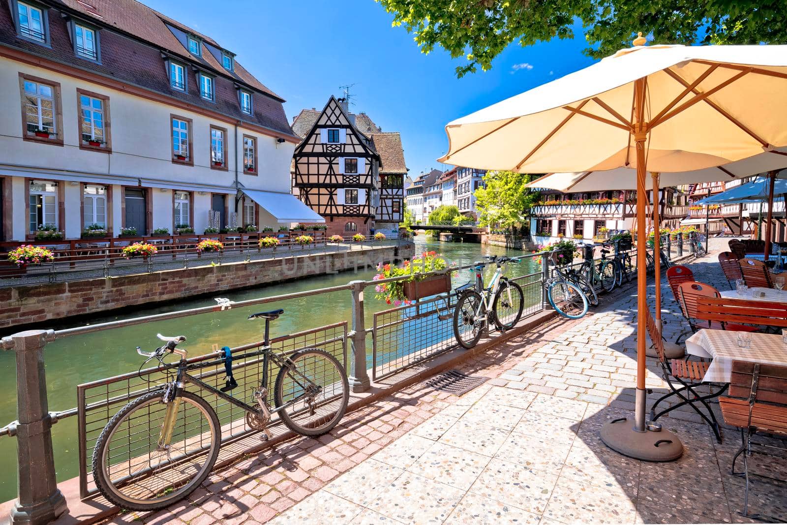 Town of Strasbourg canal and historic architecture in historic Little French quarters, Alsace region of France