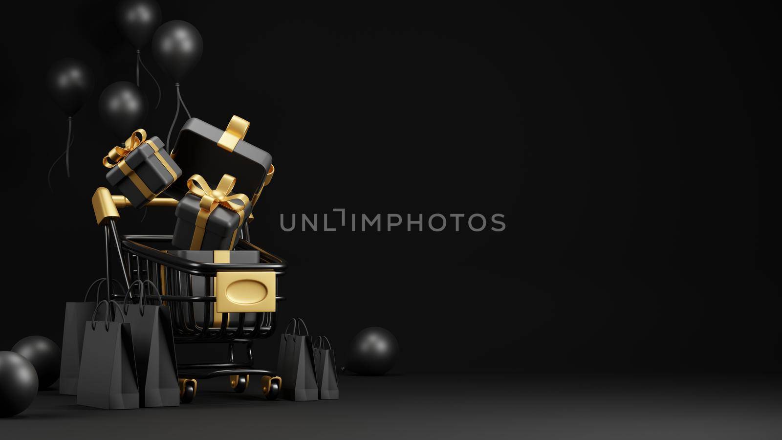 Black friday sale banner design of shopping cart and gift box with paper bag on black background 3D render by Myimagine