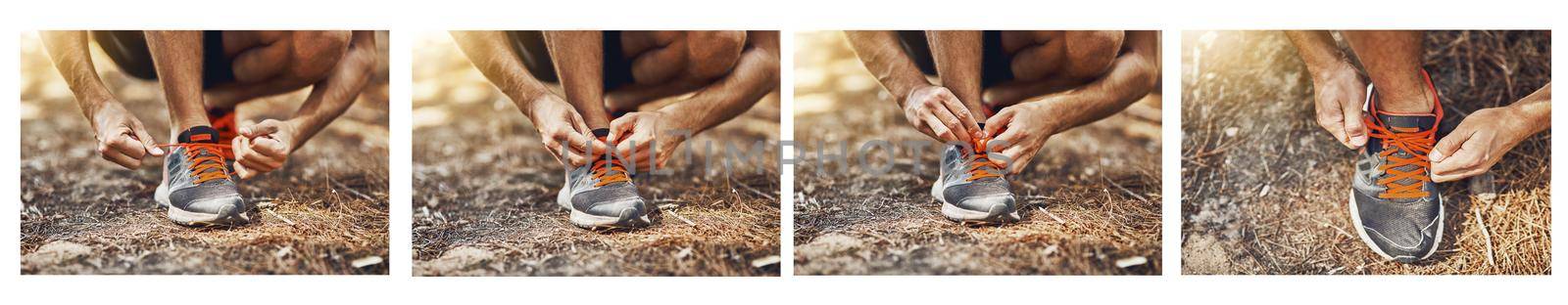 Composite shot of a young person tying their shoelaces step by step outdoors before a workout.