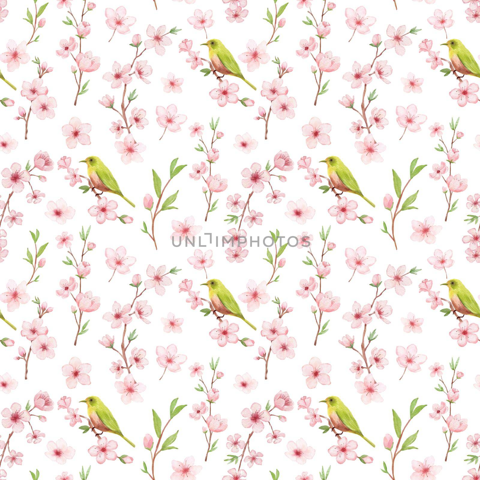 Branch of Cherry blossom watercolor seamless pattern on white backgraund. Japanese flowers and bird. Floral background by ElenaPlatova