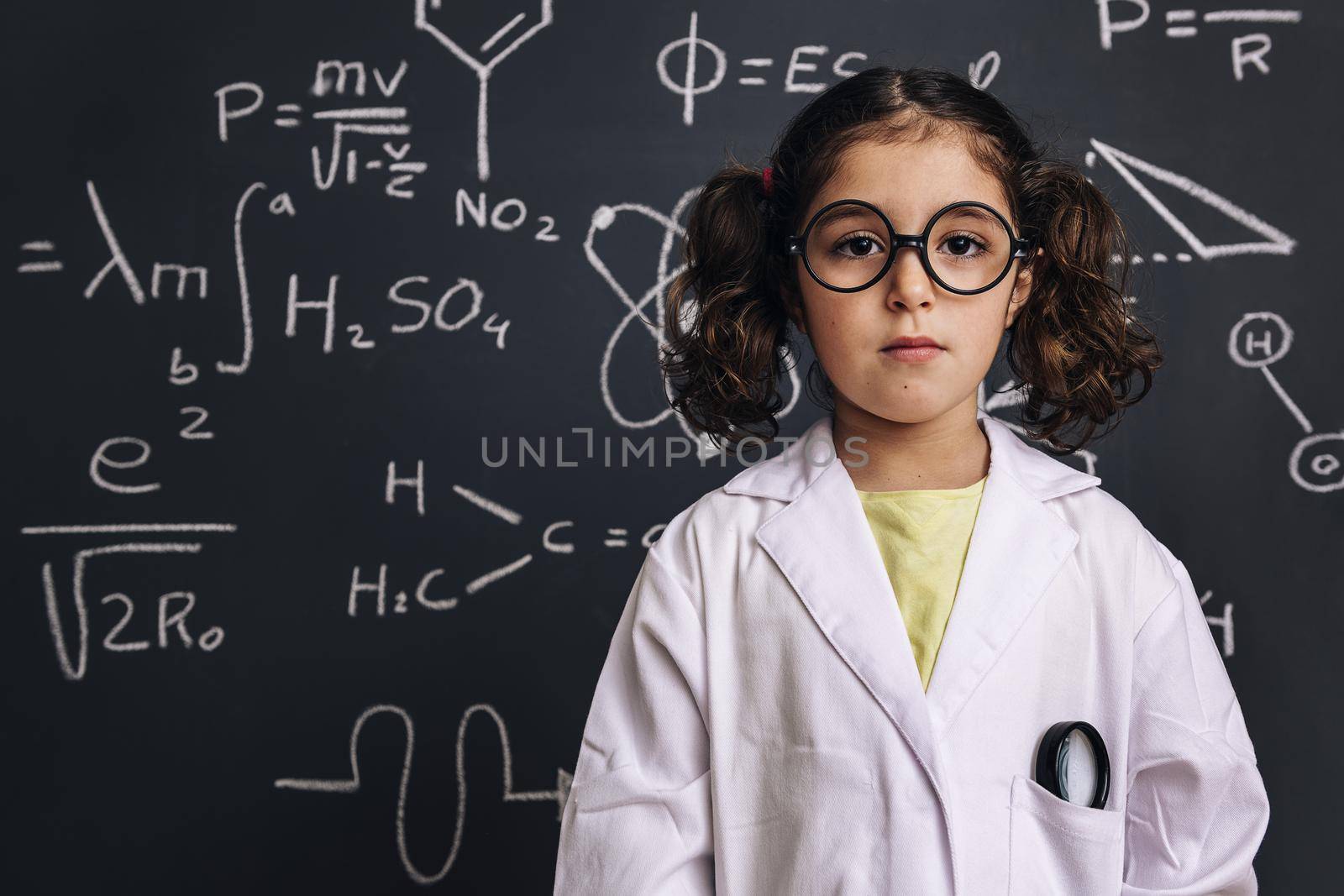 serious little girl science student with glasses in lab coat on school blackboard background with hand drawings science formula pattern, back to school and successful female career concept