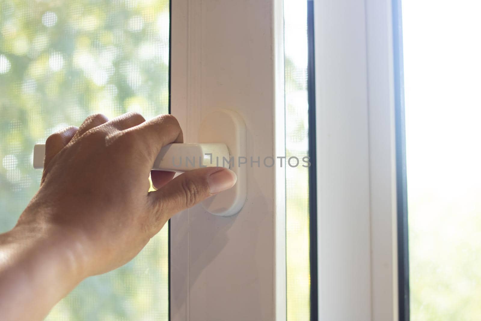 A slightly open window on a background of wood and sunlight