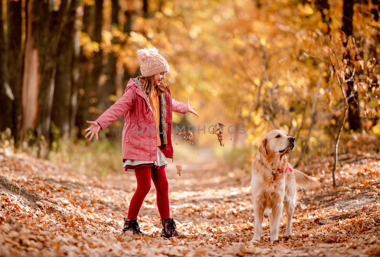 Preteen girl kid with golden retriever dog playing at autumn park. Beautiful portrait of child and pet having fun outdoors at nature