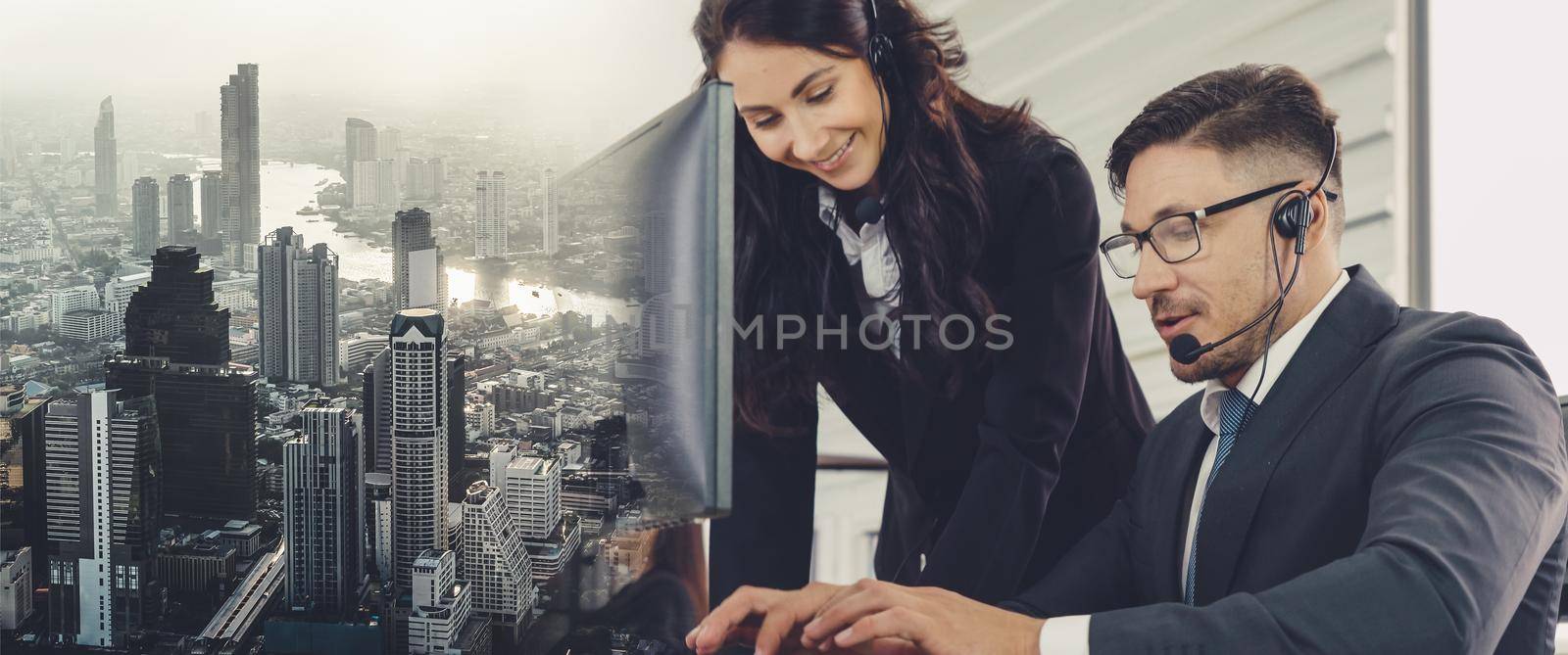 Business people wearing headset working in office broaden view by biancoblue