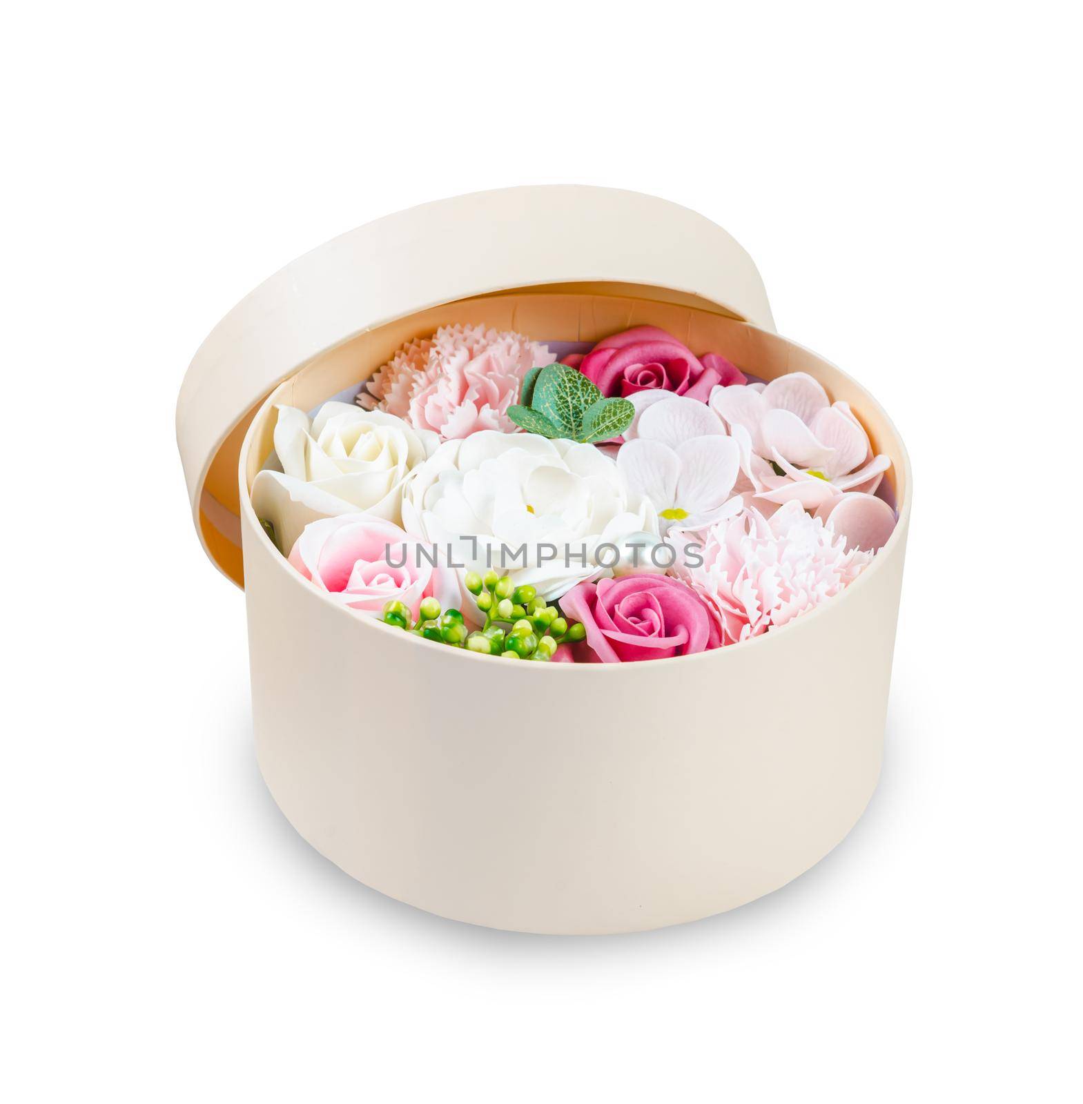 The Pastel flower in gift box isolated on white background, Save clipping path.