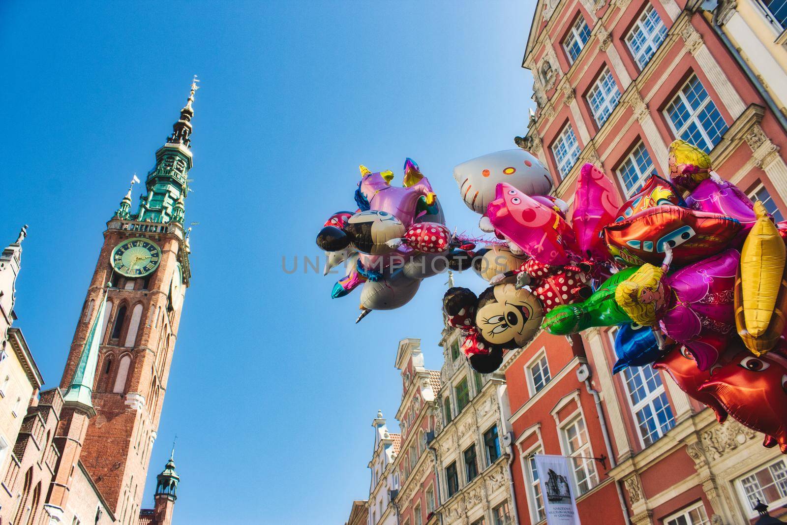 Gdansk / Poland - August 8 2019: Balloons shaped like popular children´s characters being sold in the main square in the city center of Gdansk, Poland