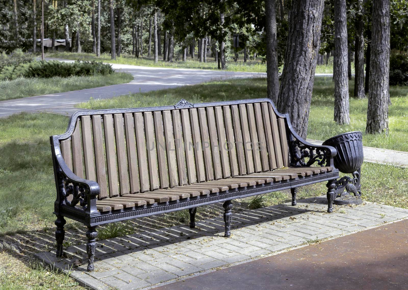 On the alley of the park there is a comfortable wooden bench for relaxing. Front view, close-up.