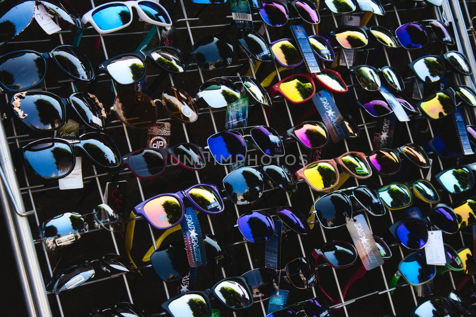 Sopot / Croatia - August 3 2019: A selection of sunglasses on display on a market stand by tennesseewitney