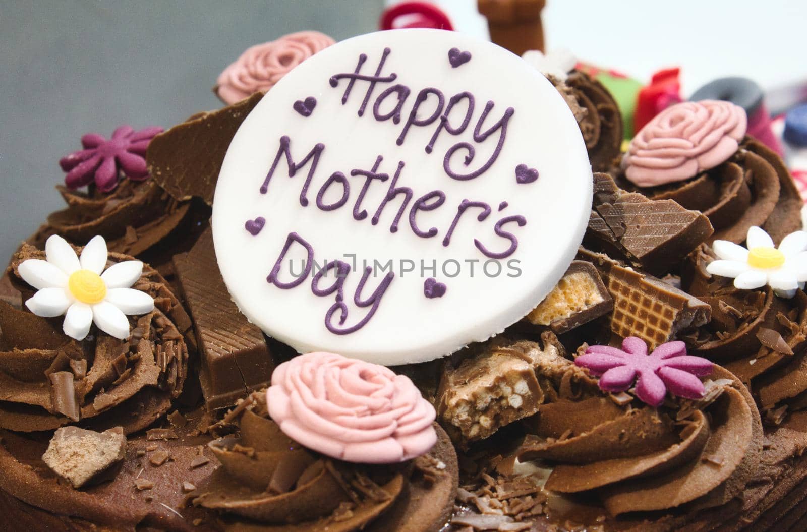 Happy Mother's Day cake with chocolate and marzipan icing