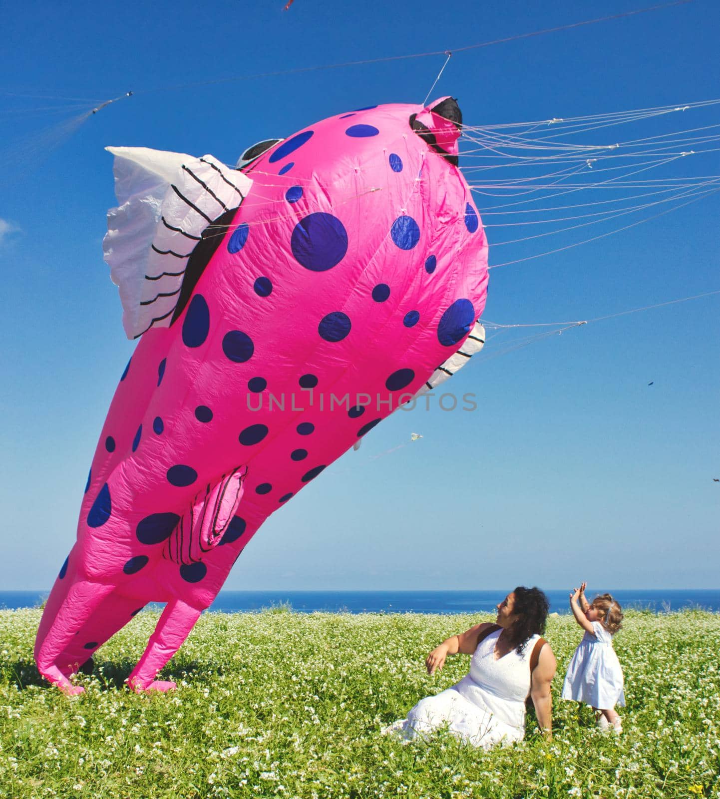 A mother and daughter sitting on the grass next to a kite in the shape of a puffer-fish by tennesseewitney