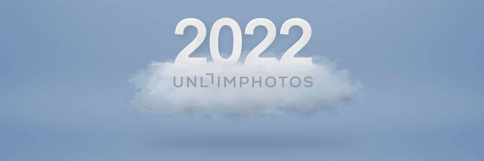 Happy New Year 2022 greeting template. Festive 3d banner with white numbers 2022 on white cloud and blue background. Festive poster,calendar or banner design