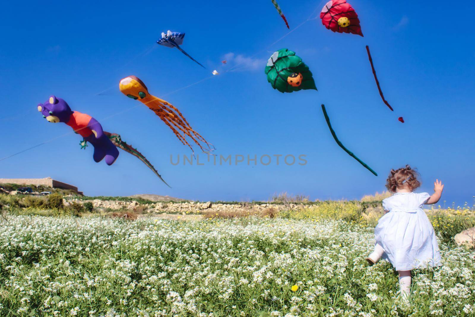 A little girl running through a field with kites flying against a clear blue sky