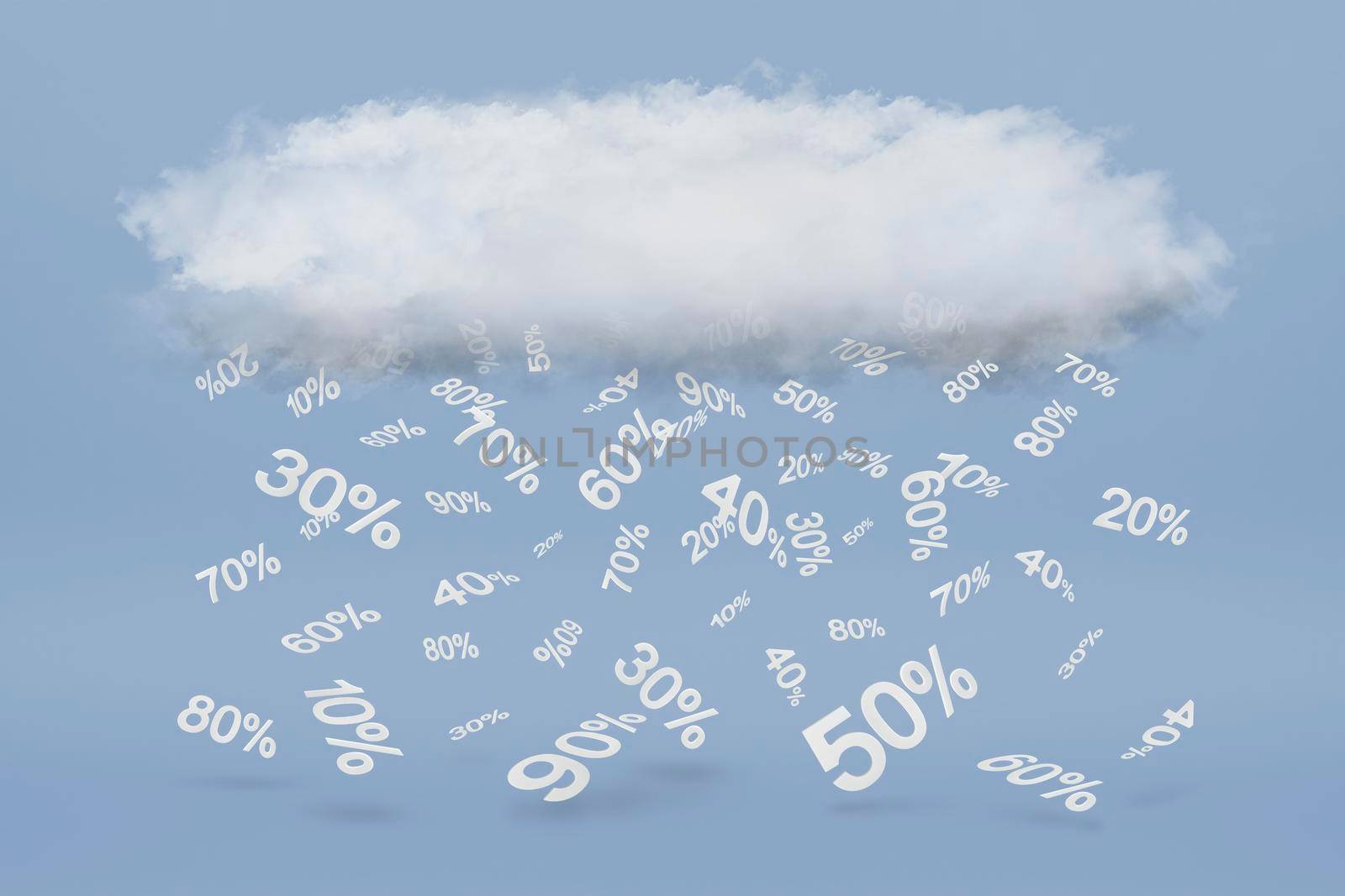 Rain of percentage symbols. Discounts of different sizes fall from a 3d cloud on a blue background. Sale concept, big discounts, black friday. by SERSOL