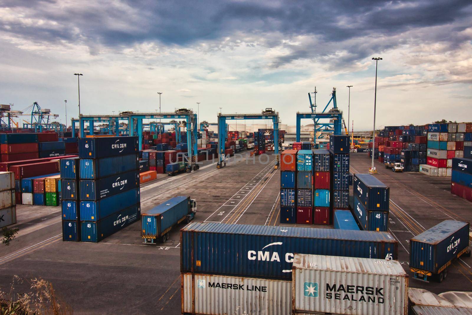 Birżebbuġa / Malta - May 25 2019: Cargo freight containers at the Freeport transhipment hub trade port