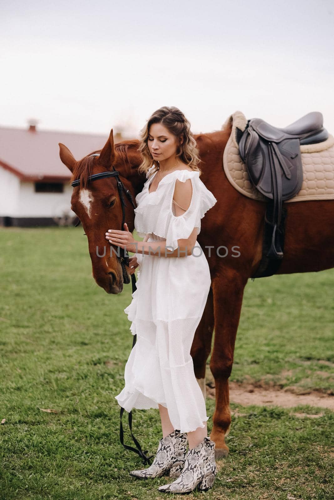 Beautiful girl in a white sundress next to a horse on an old ranch.