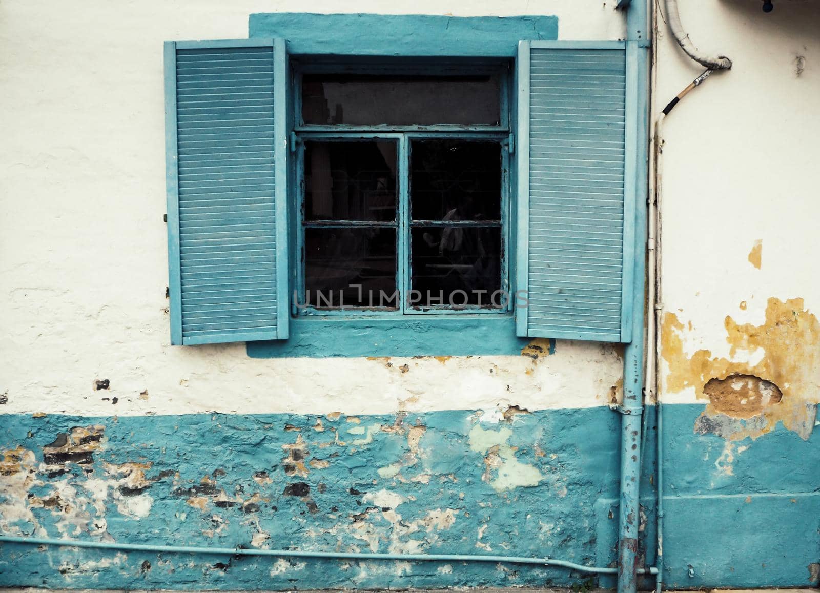 Vintage Natural Wood window Louvered Plantation Shabby Vintage white concrete wall background by Petrichor