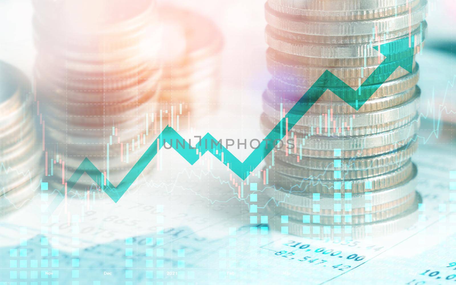 Finance and money technology background concept of business prosperity and asset management . Creative graphic show economy and financial growth by investment in valuable asset to gain wealth profit .