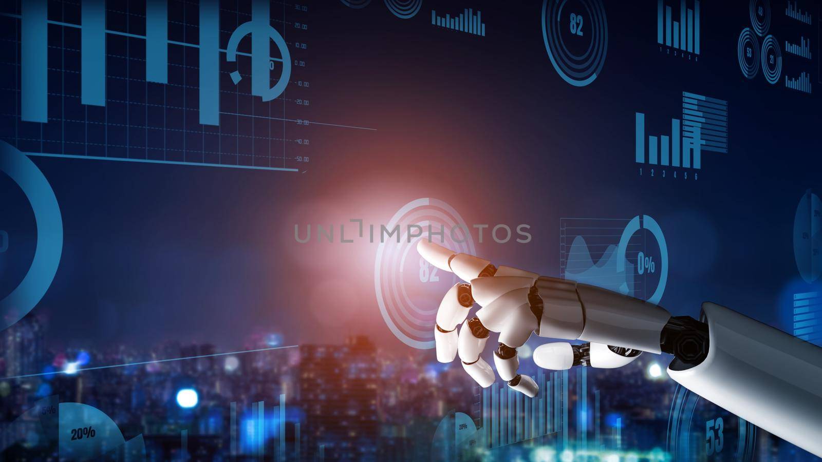 Futuristic robot artificial intelligence revolutionary AI technology development and machine learning concept. Global robotic bionic science research for future of human life. 3D rendering graphic.