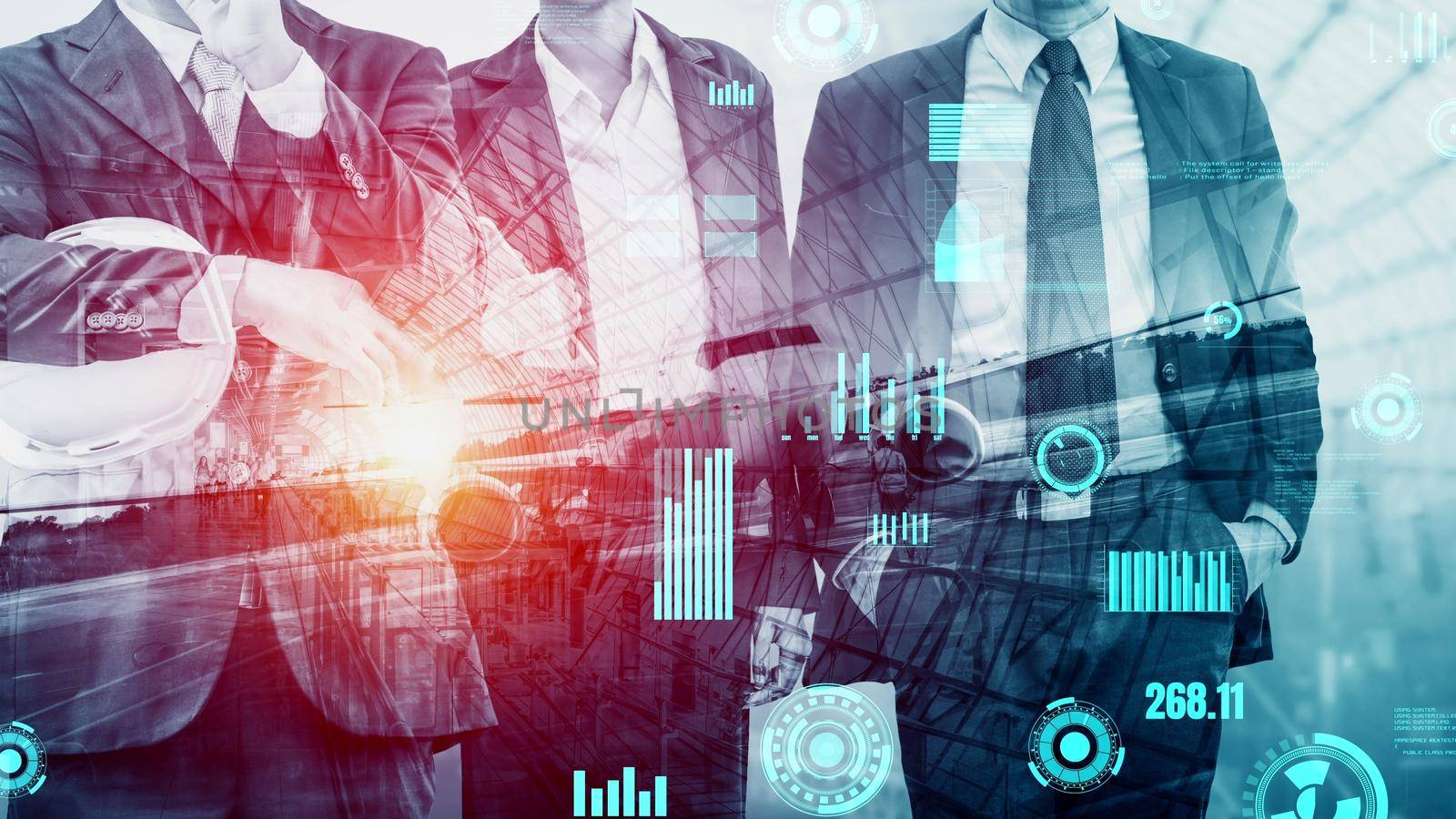 Future building construction and inventive engineering project concept with HUD hologram graphic design. Building engineer, architect people or construction worker works with modern civil technology.