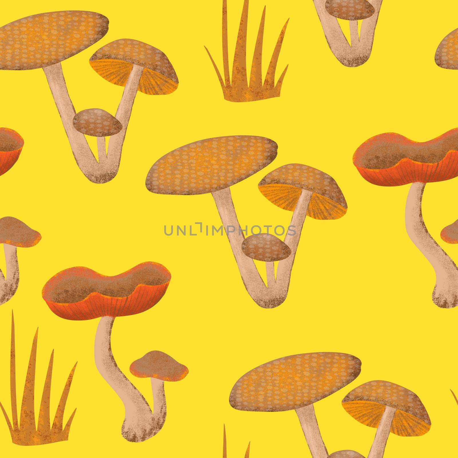 Hand drawn seamless pattern with fall autumn mushrooms fungi, wild nature background. Thanksgiving forest wood woodland fabric print in orange red yellow. For textile wallpaper wrapping paper. by Lagmar