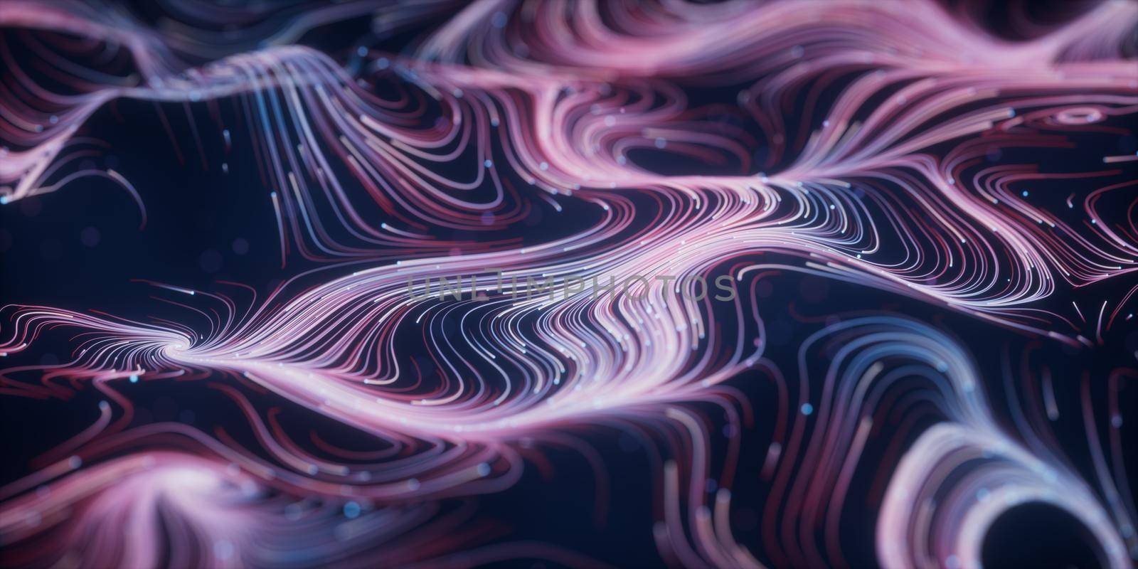 Wave particles lines with swirling pattern, 3d rendering. Computer digital drawing.