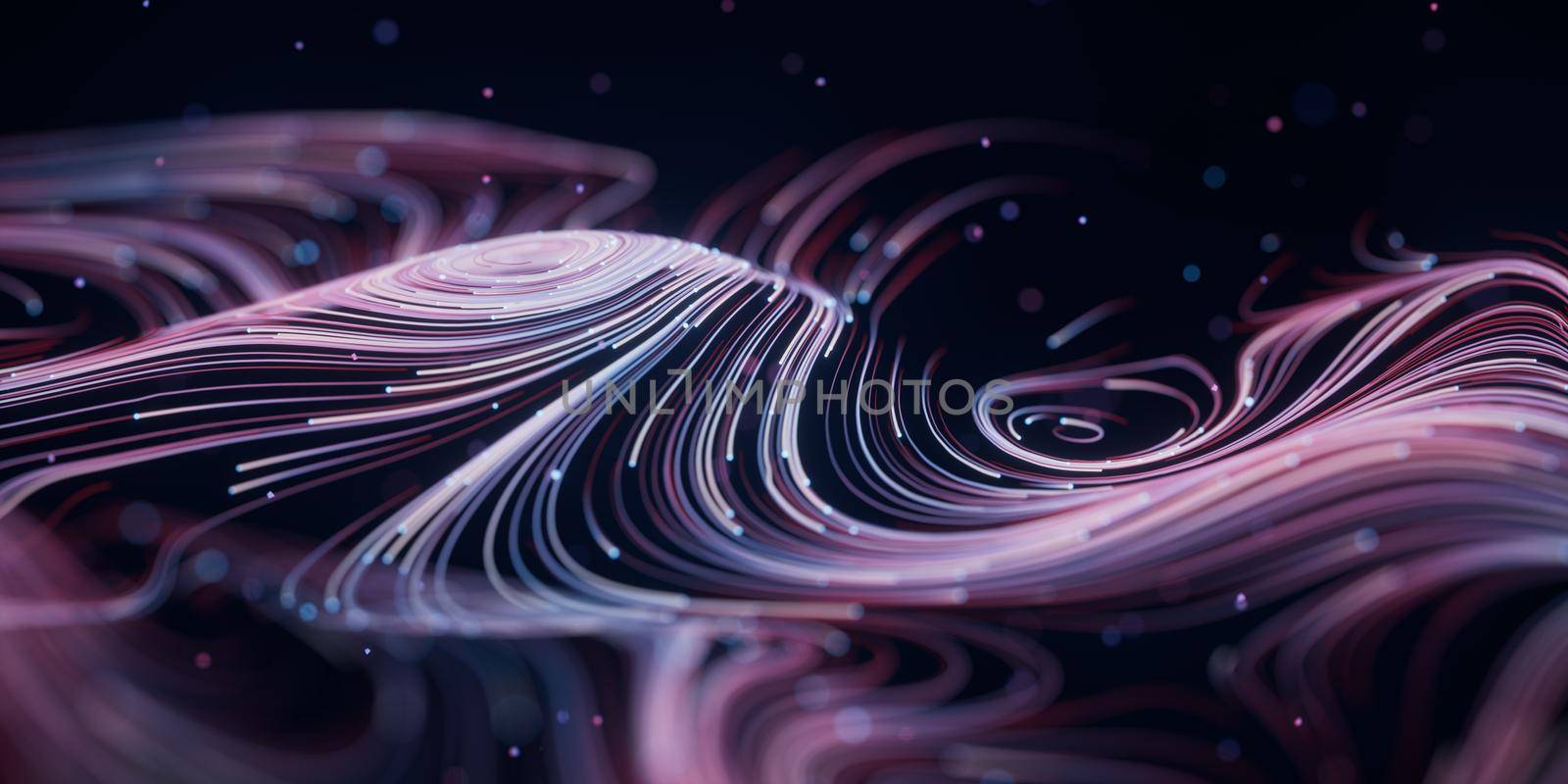 Wave particles lines with swirling pattern, 3d rendering. Computer digital drawing.