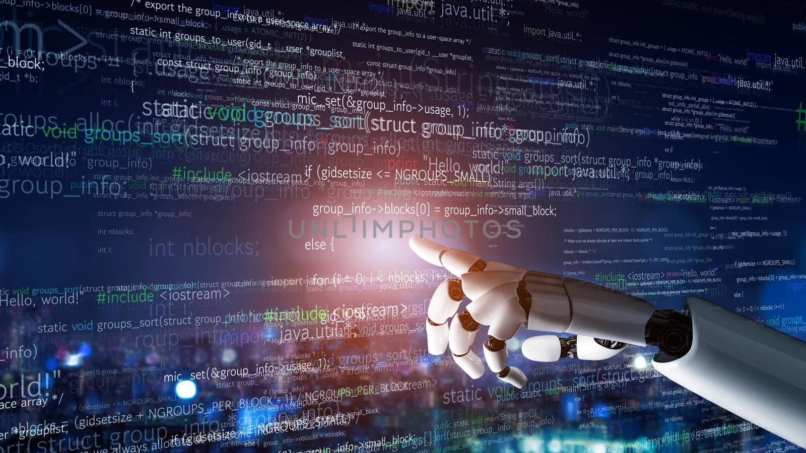 Futuristic robot artificial intelligence revolutionary AI technology development and machine learning concept. Global robotic bionic science research for future of human life. 3D rendering graphic.