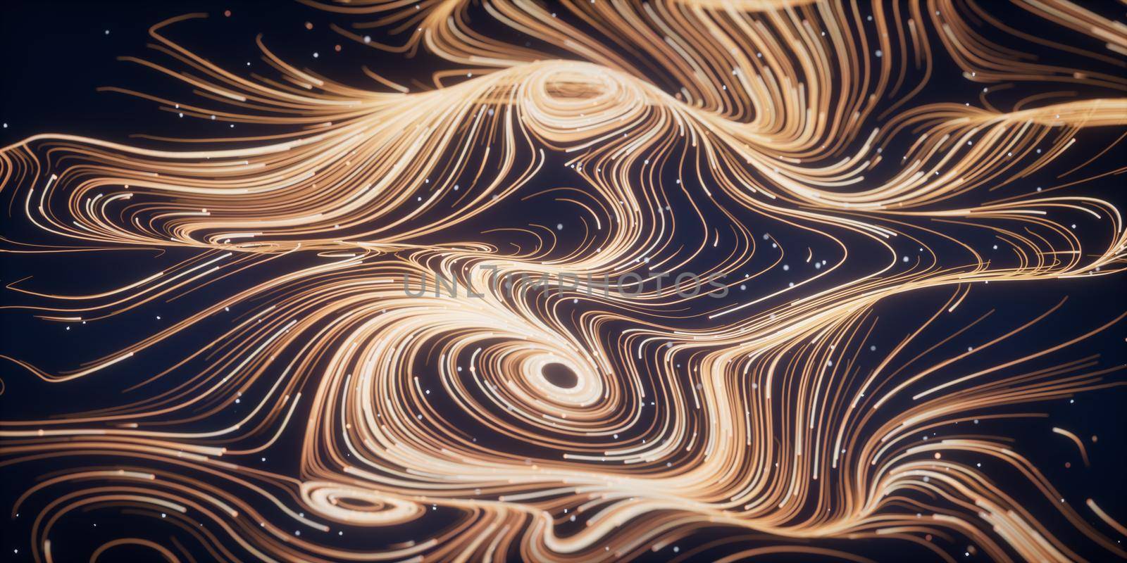 Wave particles lines with swirling pattern, 3d rendering. Computer digital drawing.