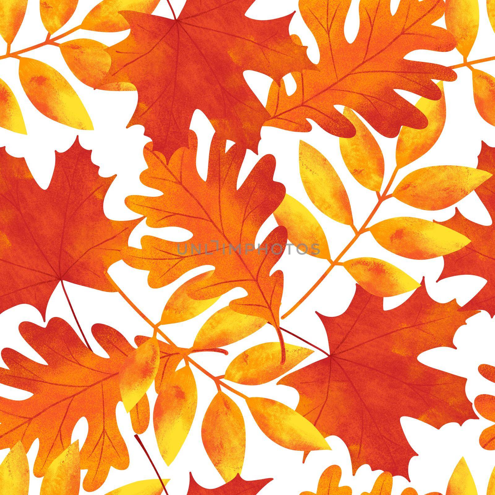 Hand drawn seamless pattern with fall autumn leaf leaves berry berries, maple oak acorn. Natural wild forest wood woodland background in red orange yellow. Vintage fabric print