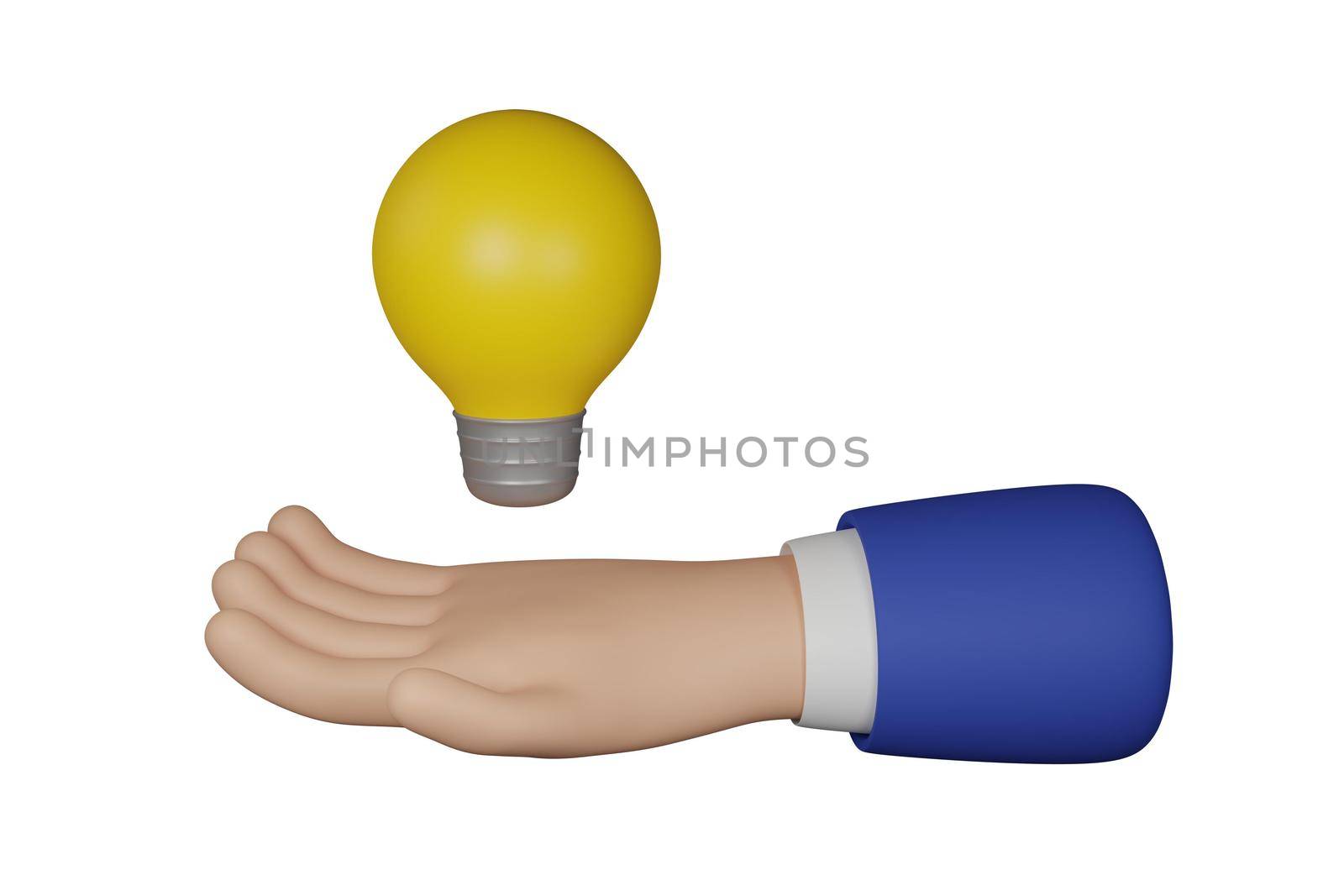3D Cartoon businessman character hand holds a light bulb isolated on white background. 3d rendering.