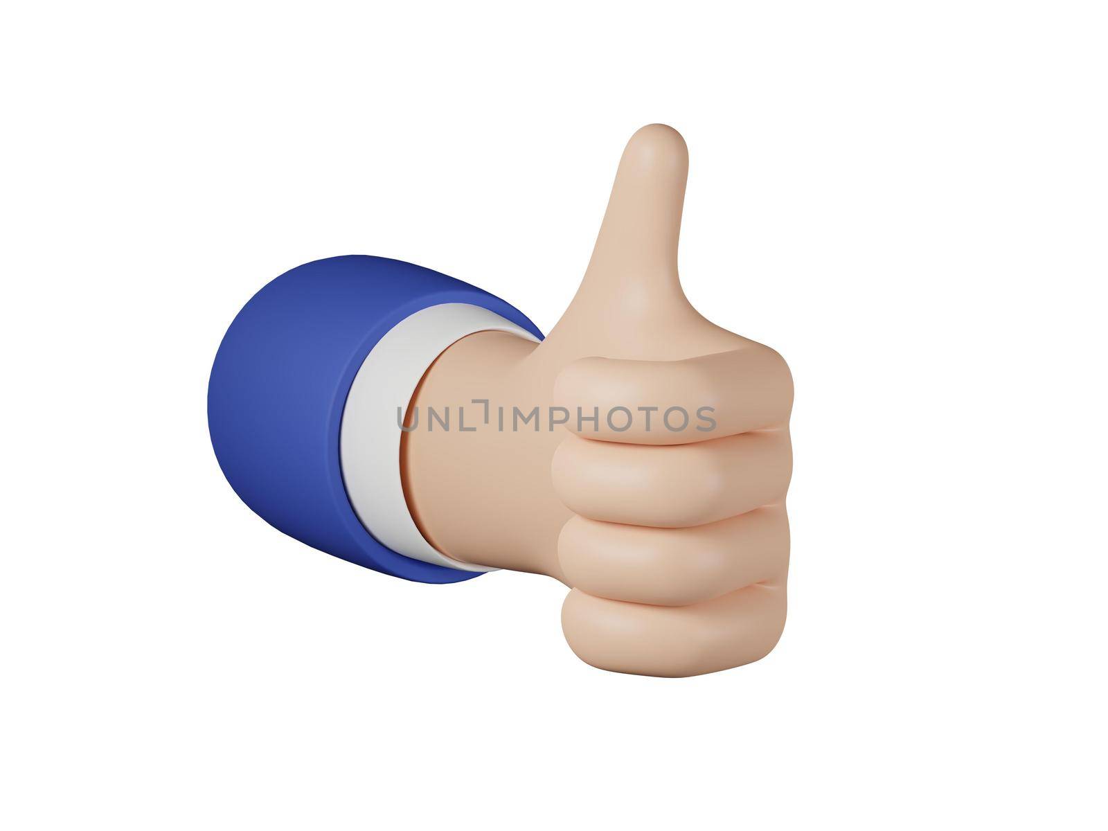 3D Cartoon businessman character hand with up thumb isolated on white background. Hand gesture friendly funny style. 3d rendering.