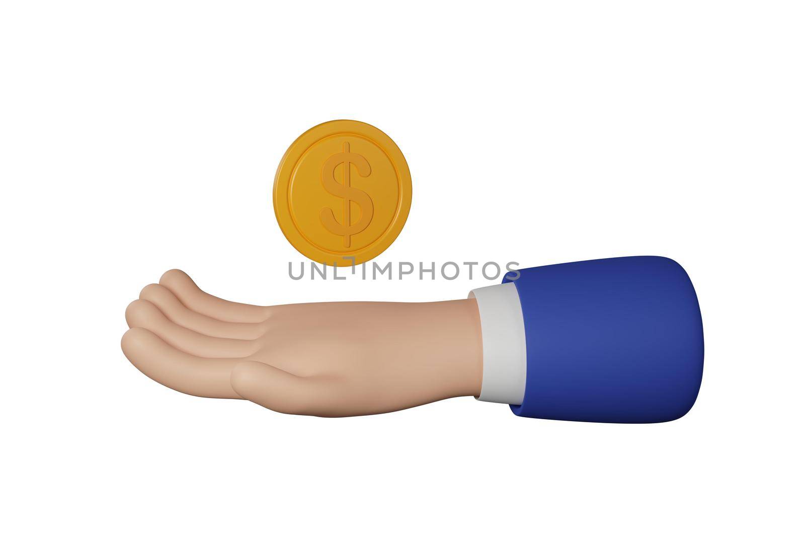 3D Cartoon businessman character hand holds a coin isolated on white background. Hand gesture friendly funny style. 3d rendering.