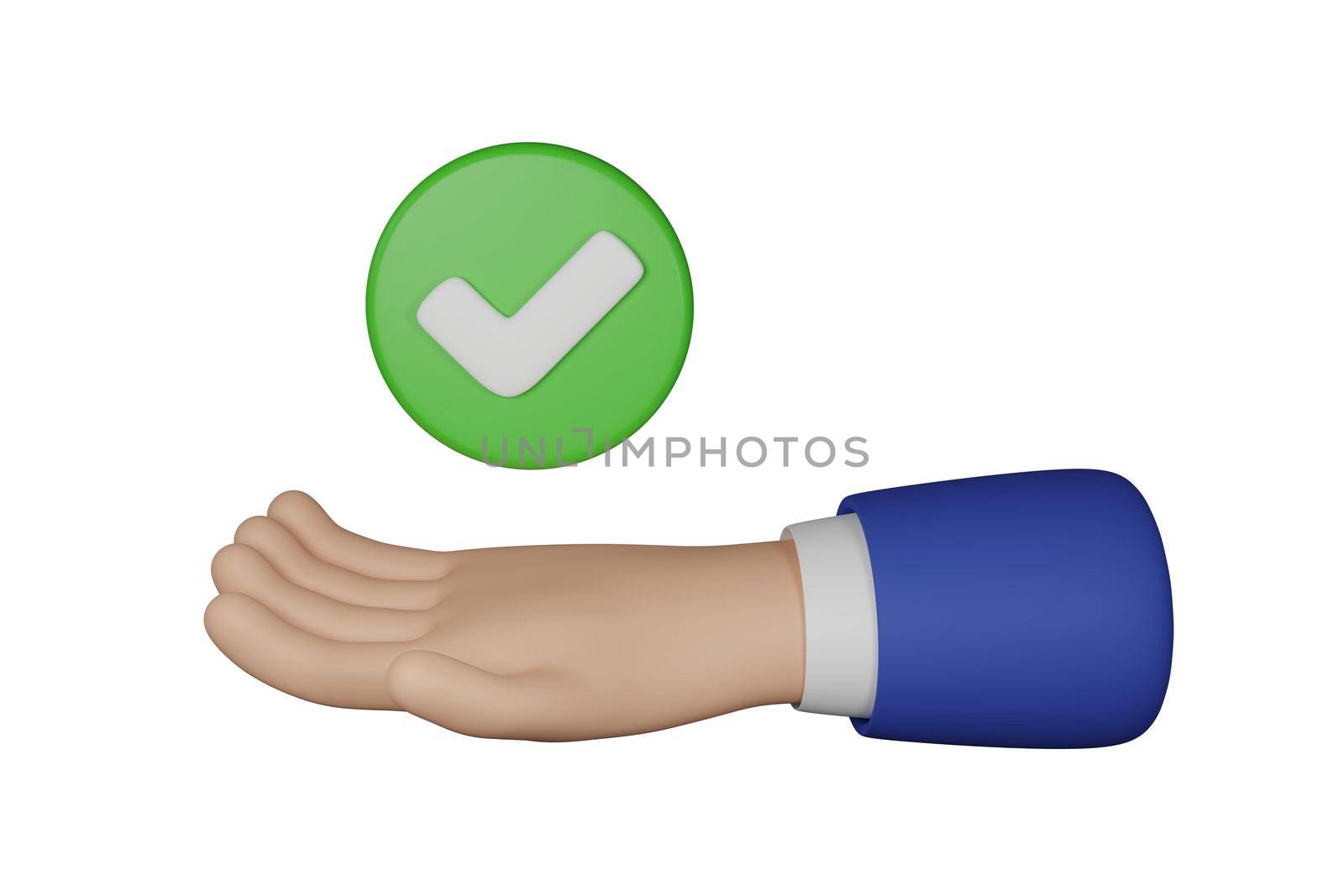 3D Cartoon businessman character hand holds a done sign isolated on white background. Hand gesture friendly funny style. 3d rendering.