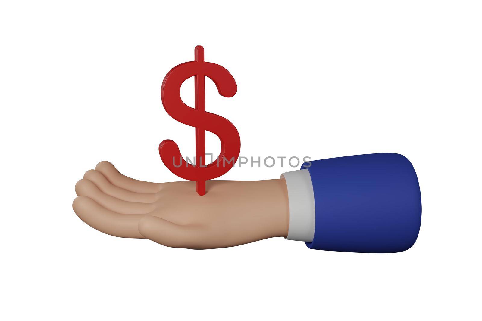 3D Cartoon businessman character hand holds a dollar sign isolated on white background. Hand gesture friendly funny style. 3d rendering.
