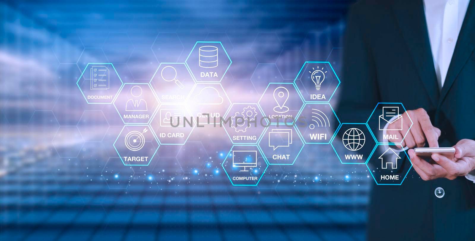 Hands of business man use mobile phone connect social media with internet. close up businessman working with smart phone in office with virtual icon diagram. Hands touch phone social media concept