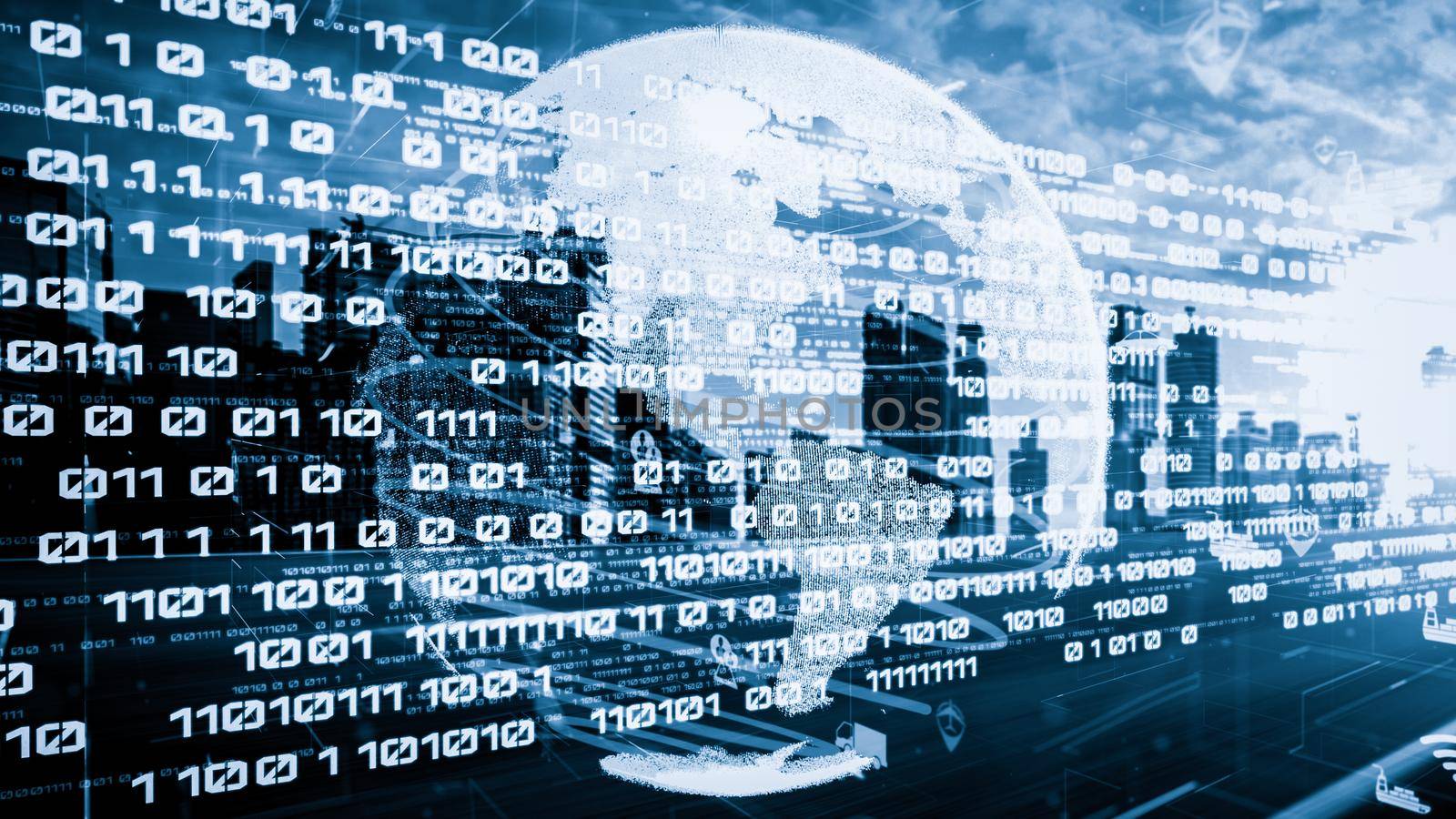 Smart transportation in tacit futuristic city with online traffic control system . Concept of smart digital transformation and technology disruption that changes global trends in new information era .