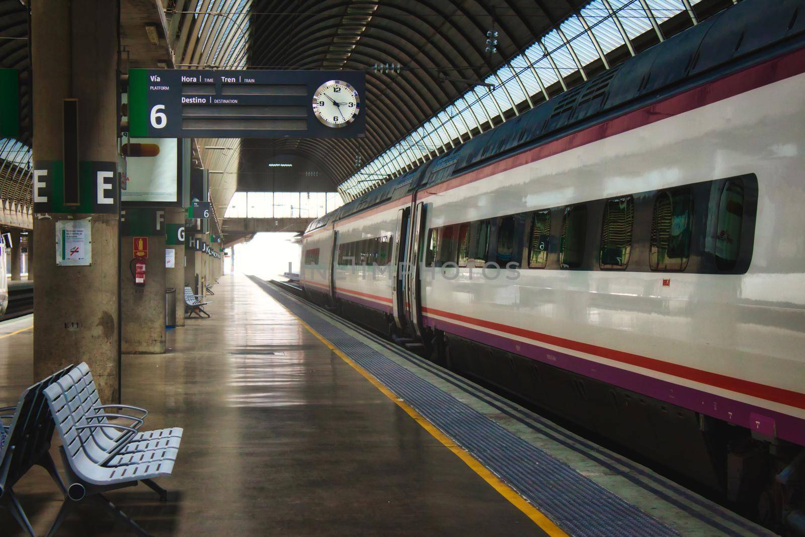 Seville / Spain - August 22 2019: View of a train in the station from the side of the platform