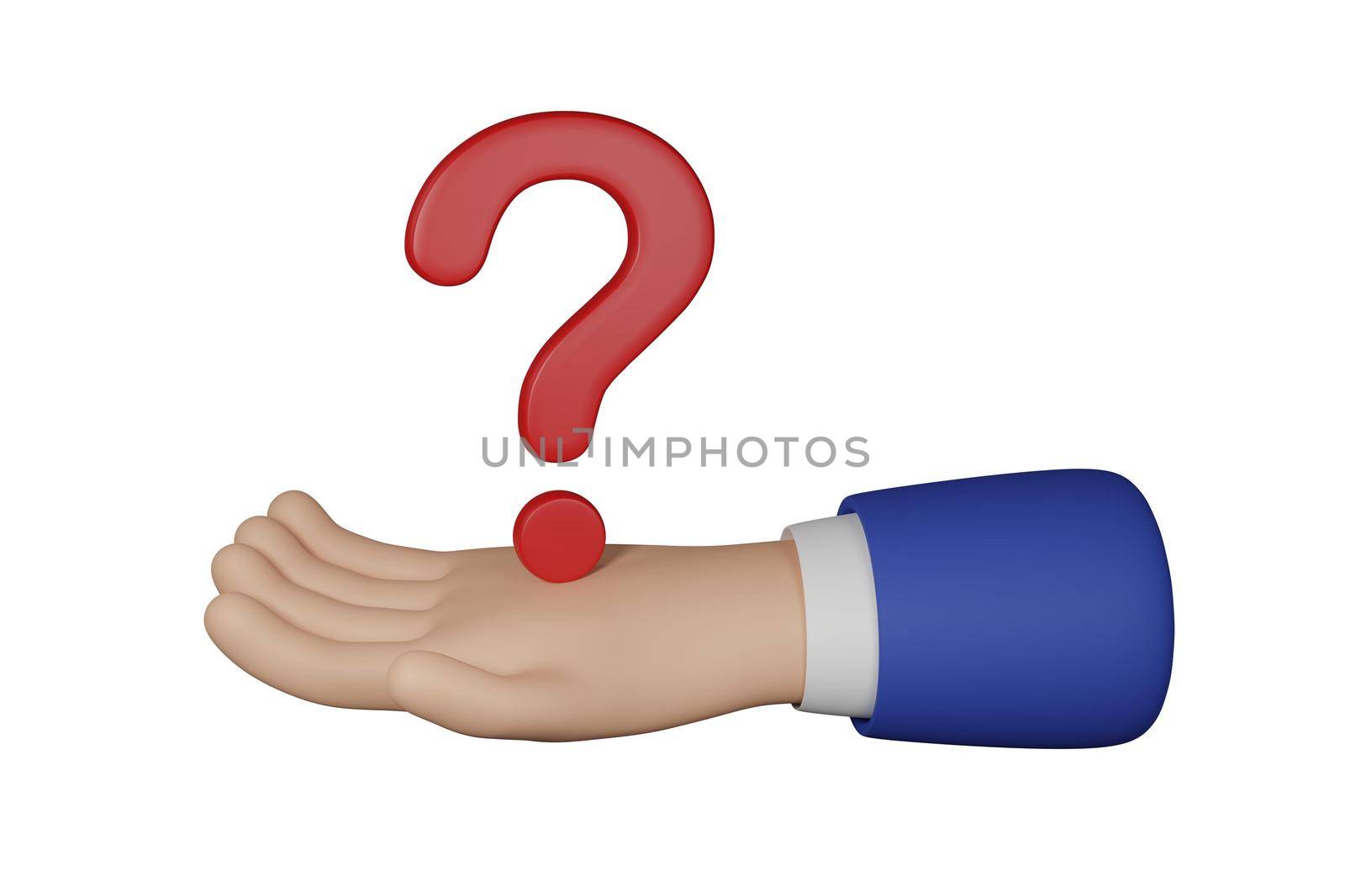 3D Cartoon businessman character hand holds a question mark isolated on white background. Hand gesture friendly funny style. 3d rendering by Melnyk