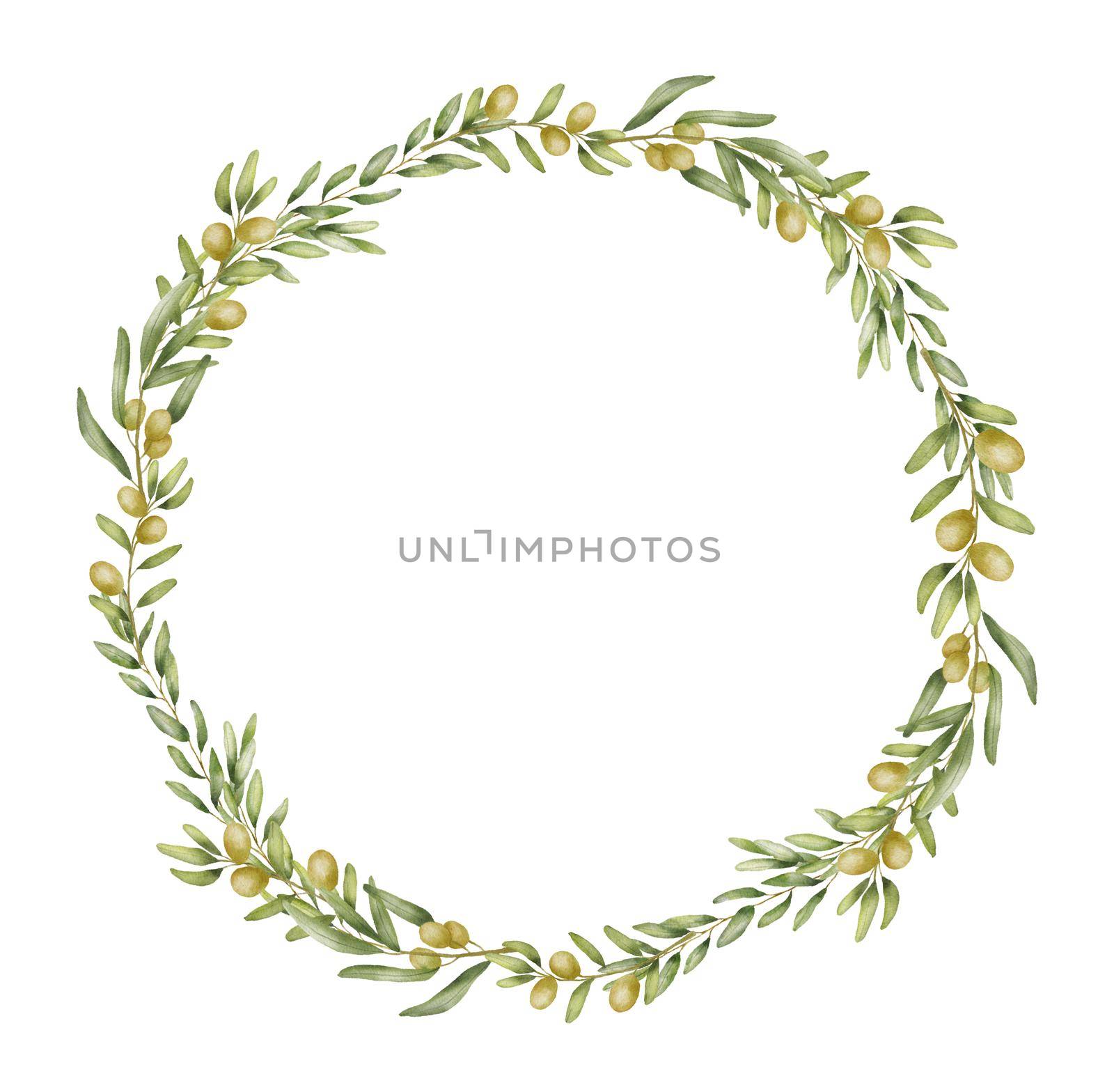 Round wreath with Olive branch watercolor drawing. Hand drawn frame with olive leaves isolated on white.