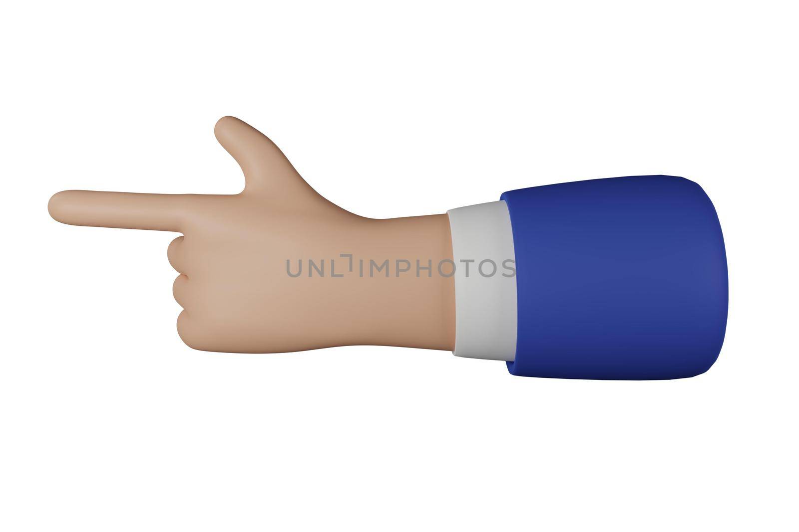 3D Cartoon businessman character hand show direction isolated on white background. Hand gesture friendly funny style. 3d rendering.