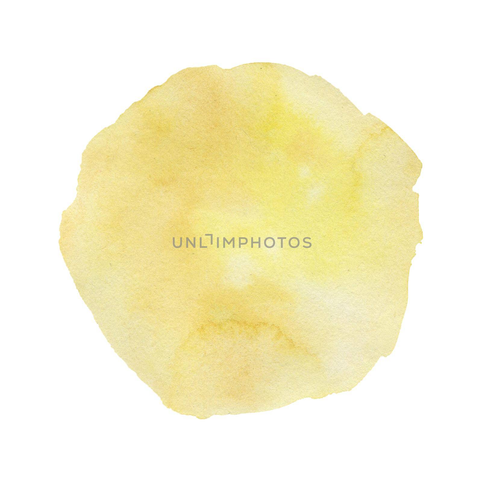 Abstract yellow watercolor hand painted texture isolated on white background. Round empty template